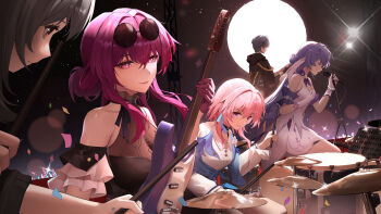 1boy 4girls absurdres bare_shoulders black_choker blue_eyes blue_hair blue_jacket bra_strap breasts buttons caelus_(honkai:_star_rail) chinese_commentary choker commentary_request confetti drum drum_set drumsticks earrings flower_ornament gloves grey_hair highres holding holding_drumsticks holding_instrument holding_microphone honkai:_star_rail honkai_(series) instrument jacket jewelry kafka_(honkai:_star_rail) kafka_(star_rail_live_2024)_(honkai:_star_rail) kuaidaowanlilai long_hair long_sleeves march_7th_(honkai:_star_rail) march_7th_(preservation)_(honkai:_star_rail) medium_breasts medium_hair microphone miniskirt multicolored_eyes multiple_girls pink_eyes purple_gloves purple_hair robin_(honkai:_star_rail) shirt single_earring skirt smile stelle_(honkai:_star_rail) tied_jacket trailblazer_(honkai:_star_rail) two-tone_eyes underbust white_shirt