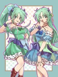 Rule 34 | 2girls, ahoge, aqua border, bare shoulders, blue bow, blue dress, blue ribbon, boots, border, bow, breasts, brown footwear, covering own mouth, demon girl, demon horns, detached sleeves, dress, dress bow, feet out of frame, frilled dress, frills, green dress, green eyes, green ribbon, grey hair, hair ribbon, hand on own hip, hand over own mouth, higurashi no naku koro ni, horns, jewelry, kayo1102, long hair, medium breasts, multiple girls, parted bangs, pointing, pointing at self, ponytail, puffy short sleeves, puffy sleeves, ribbon, ring, scrunchie, short sleeves, siblings, sisters, sonozaki mion, sonozaki shion, tongue, tongue out, twins, wrist scrunchie