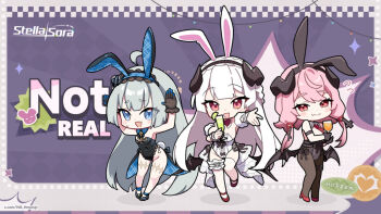 3girls ahoge alternate_costume animal_ears bernina_(stella_sora) black_gloves black_leotard black_pantyhose black_shoes blue_eyes champagne_flute chibi chibi_only closed_mouth commentary covered_navel cup demon_girl demon_horns demon_wings drinking_glass english_commentary english_text fake_animal_ears fake_tail fang female_tyrant_(stella_sora) frilled_gloves frills full_body gloves grey_hair hm_(hmongt) holding holding_cup horns leotard long_hair low_twintails multiple_girls official_alternate_costume open_mouth pantyhose pink_hair playboy_bunny rabbit_ears rabbit_pose rabbit_tail red_eyes red_shoes shoes skin_fang smile standing stella_sora sweatdrop tail thigh_gap thighhighs thighs tropical_drink twintails twitter_username tyrant_(stella_sora) very_long_hair virigia_(stella_sora) white_hair white_leotard white_thighhighs wine_glass wings
