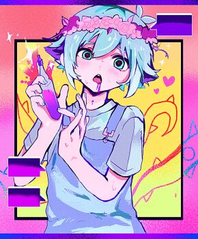 1boy antenna_hair basil_(headspace)_(omori) basil_(omori) basilmotimoti blue_overalls commentary_request double-parted_bangs flower_wreath green_nails green_shirt hair_between_eyes head_wreath highres looking_at_viewer male_focus omori open_mouth overalls shirt short_hair short_sleeves sidelocks solo t-shirt teeth tongue upper_body upper_teeth_only