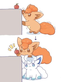 :3 alolan_form alolan_vulpix animal_focus apple arrow_(symbol) blue_eyes brown_eyes brown_fur closed_mouth commentary food fox fruit gen_1_pokemon gen_7_pokemon kana_(maple926) motion_lines multiple_tails nintendo no_humans pokemon pokemon_(creature) pokemon_focus red_fur regional_and_normal smile symbol-only_commentary tail vulpix white_fur