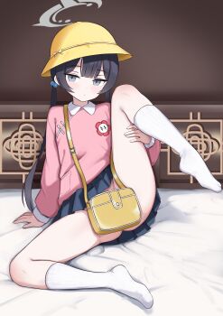 1girl absurdres arm_support ass bag bed black_hair blue_archive blue_skirt blush closed_mouth commentary_request convenient_censoring dot_mouth dot_nose expressionless file_mei_naraku grey_eyes grey_halo hair_bobbles hair_ornament halo hand_on_own_thigh hat highres kindergarten_uniform kisaki_(blue_archive) kisaki_(kindergarten_uniform)_(blue_archive) knee_up kneehighs leg_up light_blush loli long_hair long_sleeve long_sleeves looking_at_viewer miniskirt name_tag no_panties no_shoes on_bed pink_sweater pleated_skirt reclining school_hat shoulder_bag skirt socks solo sphere_hair_ornament spread_legs sweater thighs twintails very_long_hair white_socks wing_collar yellow_bag yellow_hat