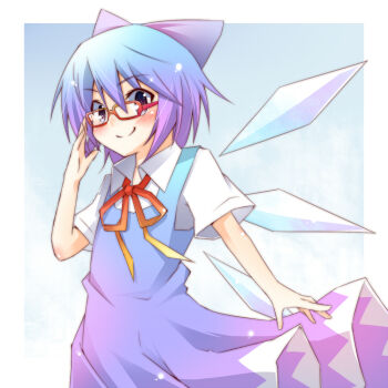 1girl adjusting_eyewear bespectacled blue_background blue_bow blue_dress blue_eyes blue_hair blush border bow cirno closed_mouth collared_shirt detached_wings dress glasses hair_bow hakobako ice ice_wings looking_at_viewer metadata_reference neck_ribbon pinafore_dress red-framed_eyewear red_ribbon ribbon shirt short_hair short_sleeves sleeveless sleeveless_dress smile solo touhou white_border white_shirt wings