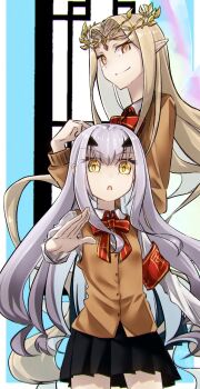 2girls armband aurora_(fate) black_skirt blonde_hair breasts brown_jacket brown_vest circlet collared_shirt commentary_request dress fate/grand_order fate_(series) forked_eyebrows highres homurabara_academy_school_uniform jacket long_hair long_sleeves melusine_(fate) multiple_girls neck_ribbon open_mouth parted_bangs pointy_ears red_ribbon ribbon school_uniform shirt sidelocks skirt small_breasts smile vest white_dress white_hair white_shirt yellow_eyes yubeshi_(zecxl)