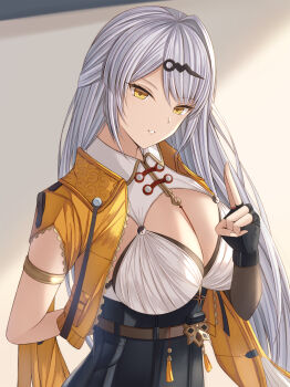 1girl arm_behind_back armlet asymmetrical_gloves black_unitard breasts chinese_clothes cleavage commentary_request elbow_gloves gloves grey_hair hair_ornament hairpin high-waist_shorts highres indoors jacket jewelry kanpyou_(hghgkenfany) large_breasts long_hair looking_at_viewer parted_lips shadow shorts single_elbow_glove single_hair_intake solo uneven_gloves upper_body yellow_eyes yellow_jacket yin_yang_pin yixuan_(zenless_zone_zero) zenless_zone_zero