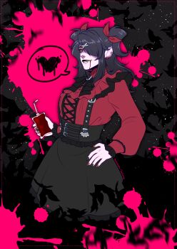 1girl absurdres alternate_costume ame-chan_(needy_girl_overdose) bat_(animal) black_eyes black_hair black_lips blood blood_from_mouth blood_splatter bow brooch commentary drink earrings english_commentary eyeshadow fangs frills grin hair_bow hair_ornament hair_over_one_eye hand_on_own_hip heart highres holding holding_drink jewelry long_sidelocks makeup multiple_earrings multiple_hair_bows needy_girl_overdose partially_shaded_face red_eyeshadow red_shirt shirt sidelocks skirt sky smile solo spoken_heart star_(sky) starry_sky suspender_skirt suspenders tempusumbra two_side_up x_hair_ornament