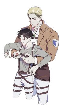 2boys 44ge5 absurdres arms_up belt belt_buckle blonde_hair bolo_tie breast_pocket brown_belt brown_hair brown_jacket buckle chest_belt collared_jacket commentary_request cropped_legs curtained_hair erwin_smith gem green_gemstone grey_shirt highres jacket korean_commentary lapels layered_sleeves levi_(shingeki_no_kyojin) long_sleeves looking_down male_focus multiple_boys pants paradis_military_uniform parted_lips pocket shingeki_no_kyojin shirt simple_background suspenders sweatdrop thick_eyebrows v-neck white_background white_pants white_shirt wing_collar