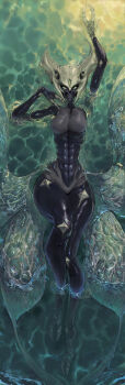 1girl absurdres alien arm_up breasts chitin claws completely_nude dakimakura_(medium) destiny_(game) dul_incaru exobelos extra_ears glowing glowing_eyes highres incredibly_absurdres lying monster_girl narrow_waist nude on_back solo two-toed_feet water wide_hips wings xenoluxe