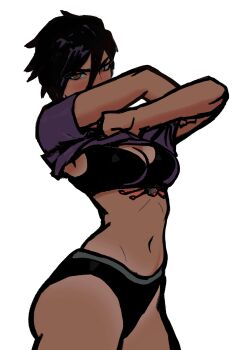 1girl absurdres black_bra black_hair black_panties blush bra breasts brown_eyes cleavage clothes_lift dark-skinned_female dark_skin dispatch hair_between_eyes highres invisigal_(dispatch) looking_at_viewer medium_breasts midriff navel panties peter_chai shirt_lift short_hair short_sleeves simple_background solo standing underwear white_background