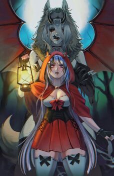 2girls behind_another black_choker black_corset black_gloves black_nails black_streaks breasts brooch cape choker cleavage commentary corset cosplay cowboy_shot demon_girl demon_horns demon_wings double-parted_bangs english_commentary fingerless_gloves fingernails forked_tongue gem gloves grey_hair hair_between_eyes hair_ornament hair_sprinkles heterochromia highres holding_lamp hood hood_up hooded_cape horns indie_virtual_youtuber jewelry kitty_keihara large_breasts licking_lips little_red_riding_hood_(fairy_tale_character) little_red_riding_hood_(fairy_tale_character)_(cosplay) long_hair long_hair_between_eyes looking_ahead looking_at_another multicolored_hair multiple_girls nail_polish oil_lamp open_mouth original pink_eyes purple_eyes purple_hair red_cape red_eyes red_gemstone red_nails red_skirt ruby_(hershy) second-party_source short_hair skirt spikes sprinkle_hershy sprinkles streaked_hair thighhighs tongue tongue_out vampire very_long_hair virtual_youtuber white_thighhighs wings wolf_hood