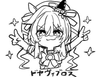 1girl beret bow cropped_torso greyscale hair_ribbon hat kawamochi_(kawauti919) long_hair monochrome puffy_short_sleeves puffy_sleeves ribbon school_uniform shirt short_sleeves simple_background solo sparkle tracen_school_uniform translation_request twintails umamusume upper_body very_long_hair vivlos_(umamusume) white_background