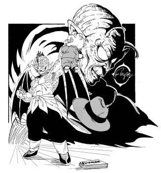 3boys antennae artist_name bald border dragon_ball dragon_ball_(classic) dragon_ball_(object) fenyon fins greyscale halftone head_fins highres kuririn male_focus monochrome multiple_boys piccolo_daimaou tambourine_(dragon_ball) white_border