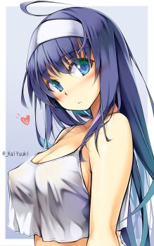 Rule 34 | 1girl, ahoge, alternate costume, blue eyes, blue hair, blush, breasts, covered erect nipples, hairband, heart, highres, huge ahoge, kai yuuki, long hair, looking at viewer, medium breasts, orie ballardiae harada, shirt, sideboob, solo, spoken heart, under night in-birth, very long hair, white hairband, white shirt