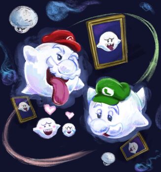 boo_(mario) boo_luigi boo_mario boo_mushroom facial_hair green_hat hat heart luigi mario mario_(series) mustache nintendo painting_(object) red_hat sharp_teeth super_mario_galaxy teeth tongue tongue_out upper_teeth_only yamari_(ya_mari_6363)