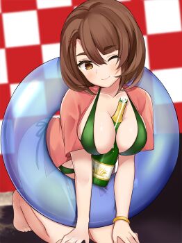 1girl absurdres alcohol beach between_breasts bikini blunt_bangs bottle bouncing_breasts bracelet breast_press breasts breasts_squeezed_together brown_eyes brown_hair champagne champagne_bottle eroblast green_bikini hair_between_eyes hair_ornament hairclip highres jewelry kneeling large_breasts lifebuoy mel_(eroblast) on_stage one_eye_closed open_clothes open_shirt ribbon ry_thae sand sexually_suggestive short_hair side-tie_bikini_bottom smile solo stage swim_ring swimsuit wink