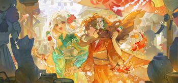 2girls absurdres animal aqua_kimono blunt_ends brown_eyes brown_hair carp cat commentary_request cookie052070521 crowd dango flower food hair_flower hair_ornament highres holding_hands japanese_clothes kimono koinobori long_hair long_sleeves looking_at_another multiple_girls obi open_mouth original red_carpet red_eyes red_flower red_kimono sanshoku_dango sash wagashi water_drop white_flower white_hair wide_sleeves windsock yellow_sash