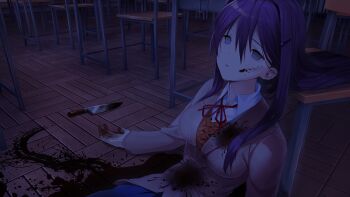 1girl arms_at_sides blazer blood blood_on_body blood_on_clothes blood_on_face blood_on_ground blood_on_hands blood_splatter blood_stain blood_trail bloody_knife blue_skirt breasts brown_jacket brown_sweater_vest button_gap buttons chair classroom collared_shirt corpse dark death decay desk doki_doki_literature_club doki_doki_literature_club_school_uniform dot_nose double-parted_bangs dress_shirt dried_blood empty_eyes eyebrows_hidden_by_hair fallen_down fingernails frown game_cg grey_eyes grey_jacket hair_between_eyes hair_intakes hair_ornament hairclip half-closed_eyes highres horror_(theme) impossible_clothes indoors injury jacket knife large_breasts leaning_back leaning_on_object light_frown long_eyelashes long_hair long_sidelocks long_sleeves neck_ribbon night non-web_source official_art on_floor open_hands pale_skin parted_lips pleated_skirt pool_of_blood purple_hair raised_inner_eyebrows red_ribbon ribbon satchely school school_desk school_uniform self-harm shirt sidelocks sitting skirt solo spoilers stab suicide sunken_cheeks sweater_vest teeth thick_eyelashes upper_body variant_set very_long_hair wing_collar wooden_chair wooden_desk wooden_floor yuri_(doki_doki_literature_club)