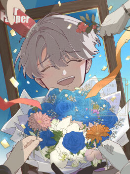 Rule 34 | 1boy, ^ ^, adversarial noise, amanatsu (amanatu5069), blue background, blue flower, blue rose, bouquet, closed eyes, commentary request, confetti, daisy (flower), facing viewer, flower, gloves, grey hair, hair flower, hair ornament, highres, male focus, open mouth, orange flower, picture frame, pink flower, reverse:1999, rose, short hair, solo focus, teeth, upper teeth only, watermark, white flower, white gloves, x (reverse:1999)