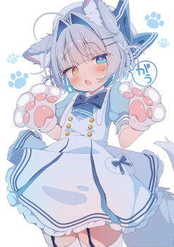 1girl :o absurdres animal_ear_fluff animal_ears animal_hands antenna_hair beret blue_bow blue_bowtie blue_eyes blue_hair blue_shirt blunt_bangs blush bow bowtie buttons collar commentary_request fang frilled_skirt frills garter_straps gloves grey_hair grey_hat grey_tail hair_bow hair_intakes hair_ornament hairclip hands_up hat hat_bow heart heart_in_eye heterochromia highres komugi-chan_(komugi) komugi_(2212) looking_at_viewer mole mole_under_eye original parallel_hairclips paw_gloves paw_print puffy_short_sleeves puffy_sleeves raised_eyebrows shirt short_hair short_sleeves skin_fang skirt speech_bubble suspender_skirt suspenders symbol_in_eye tail thighhighs translation_request two_side_up white_background white_bow white_collar white_gloves white_skirt white_thighhighs wolf_ears wolf_girl wolf_tail yellow_eyes