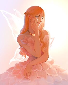 1girl alrunami bare_arms bare_shoulders braid brown_eyes closed_mouth collarbone commentary cowboy_shot dress english_commentary fairy fairy_wings gold_necklace gradient_background half_up_braid hand_on_own_cheek hand_on_own_face highres jewelry lips long_hair looking_to_the_side nami_(one_piece) necklace one_piece orange_hair pink_dress smile solo strapless strapless_dress wavy_hair wings