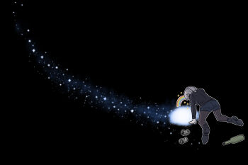 1girl black_background black_pantyhose black_shirt black_shoes blue_shorts commentary drunk girls_band_cry grey_hair hanekuri_(nnainain) kawaragi_momoka pantyhose pantyhose_under_shorts rainbow shirt shoes shorts simple_background solo sparkle symbol-only_commentary vomiting