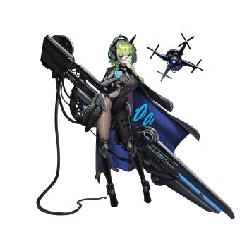 1girl absurdres belt black-framed_eyewear black_bodysuit black_coat black_gloves blue_eyes bodysuit boots braid breasts caitlin_(haze/reverb) coat coat_on_shoulders drone glasses gloves green_hair haze/reverb headphones hexagon_print highres holding holding_weapon hologram knee_boots large_breasts looking_at_viewer mecha_musume mechanical_arms mechanical_hands necktie niu_rou_mian_(fffzzzwww) official_art quadcopter ringed_eyes simple_background single_glove single_mechanical_arm single_mechanical_hand skin_tight tachi-e thigh_belt thigh_strap twin_braids weapon white_background white_necktie