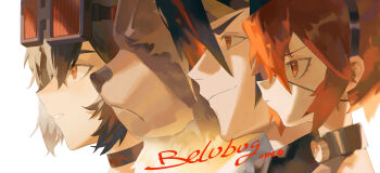 2boys 2girls absurdres anton_ivanov bear_boy ben_bigger black_hair brown_fur closed_mouth english_text eyepatch furry furry_male goggles goggles_on_head grace_howard headband highres koleda_belobog linghe_linhoo looking_to_the_side multicolored_hair multiple_boys multiple_girls open_mouth profile red_hair scar scar_across_eye scar_on_face smile smirk streaked_hair zenless_zone_zero