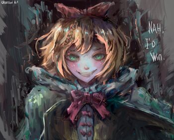 1girl absurdres bow cape evil_smile grafelemart green_cape green_eyes hair_bow highres meme nah_i&#039;d_win_(meme) orange_hair petra_leyte photoshop_(medium) re:zero_kara_hajimeru_isekai_seikatsu red_bow simple_background smile teeth