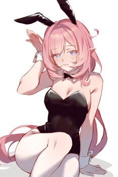 1girl alternate_costume animal_ears bare_shoulders black_leotard blue_eyes breasts cleavage commentary elf elysia_(honkai_impact) fake_animal_ears honkai_(series) honkai_impact_3rd large_breasts leotard long_hair looking_at_viewer pantyhose pink_hair playboy_bunny pointy_ears rabbit_ears rin_(bakariiin) simple_background smile solo very_long_hair white_background white_pantyhose wrist_cuffs