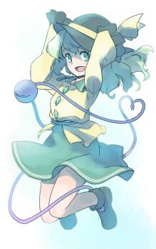 1girl :d arms_up black_hat black_shoes buttons commentary_request diamond_button frilled_shirt_collar frills full_body green_eyes green_hair green_skirt hands_on_headwear hat hat_ribbon knees komeiji_koishi light_blush long_hair long_sleeves one-hour_drawing_challenge open_mouth rangycrow ribbon shirt shoes sideways_glance skirt smile solo thighs third_eye touhou yellow_ribbon yellow_shirt