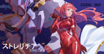 1girl 1other bodysuit breasts candy character_name chinese_text commentary contrapposto cowboy_shot darling_in_the_franxx english_text eyeliner floating_hair food gradient_background green_eyes hairband highres holding horns impossible_bodysuit impossible_clothes lance lollipop long_hair looking_at_viewer makeup mecha mecha_pilot_suit medium_breasts open_mouth parasite_suit_(darling_in_the_franxx) pink_hair polearm purple_background red_bodysuit red_eyeliner red_horns robot sbao simple_background skin_tight smile strelizia weapon white_hairband zero_two_(darling_in_the_franxx)