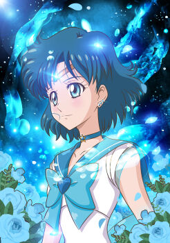 Rule 34 | 1girl, absurdres, bishoujo senshi sailor moon, bishoujo senshi sailor moon crystal, blue bow, blue bowtie, blue choker, blue eyes, blue flower, blue hair, blue sailor collar, blue theme, bow, bowtie, choker, circlet, collarbone, commentary, ear piercing, english commentary, flower, highres, inner senshi, looking to the side, magical girl, mizuno ami, piercing, riccardo bacci, sailor collar, sailor mercury, sailor senshi uniform, short hair, signature, solo, sparkle, star (symbol), star choker, upper body, water