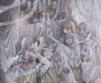 6+girls absurdres blonde_hair breasts chandelier commentary_request completely_nude couch curtains dress expressionless gloves hand_on_another's_chin highres long_hair monou_pico multiple_girls nipples nude on_couch original puffy_short_sleeves puffy_sleeves short_sleeves small_breasts white_dress white_gloves