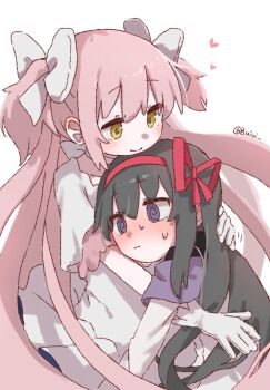 2girls @_@ akemi_homura akemi_homura_(magical_girl) bow buivi gloves hair_bow hair_ribbon heart highres hug kaname_madoka magical_girl mahou_shoujo_madoka_magica mahou_shoujo_madoka_magica_(anime) multiple_girls multiple_hair_bows pink_hair purple_eyes red_ribbon ribbon signature smile sweat two_side_up ultimate_madoka white_bow white_gloves yellow_eyes yuri