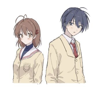 Rule 34 | 1boy, 1girl, :/, antenna hair, arm at side, back-to-back, blazer, blue eyes, blue hair, blue shirt, blush, brown eyes, brown hair, clannad, closed mouth, collared shirt, commentary request, eyes visible through hair, frown, furukawa nagisa, hair between eyes, hair ornament, hairclip, hashtag-only commentary, highres, hikarizaka private high school uniform, jacket, long sleeves, looking at viewer, medium hair, necktie, nyan o2, okazaki tomoya, open mouth, red necktie, sailor collar, school uniform, serafuku, shirt, short hair, simple background, spiked hair, tsurime, turtleneck, upper body, white background, white sailor collar, white shirt, yellow jacket