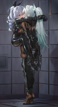 Rule 34 | 2girls, armbinder, ball gag, black bodysuit, blush, bodysuit, bound, bound together, breasts, drooling, female focus, firefly (honkai: star rail), forced partners, gag, gagged, ginklaga, green hair, grey hair, highres, honkai: star rail, honkai (series), large breasts, latex, latex bodysuit, legbinder, linked gag, looking at another, medium breasts, multiple girls, ponytail, restrained, silver wolf (honkai: star rail), skin tight, skindentation, standing, tiptoes, wiffle gag