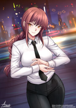 1girl adsouto black_necktie black_pants braid braided_ponytail breasts business_suit chainsaw_man commentary formal_clothes highres long_hair looking_at_viewer makima_(chainsaw_man) medium_breasts necktie pant_suit pants red_hair ringed_eyes shirt signature solo suit variant_set white_shirt yellow_eyes