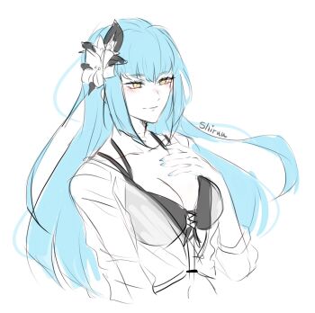 1girl artist_name bikini black_bikini blue_hair blunt_bangs bob_cut breasts cleavage closed_mouth commentary eiyuu_densetsu english_commentary flower hair_flower hair_ornament highres hime_cut kuro_no_kiseki kuro_no_kiseki_(series) kuro_no_kiseki_ii long_hair risette_twinings see-through_clothes see-through_shirt shirt shiruuruu short_sleeves simple_background sketch smile solo swimsuit white_background yellow_eyes