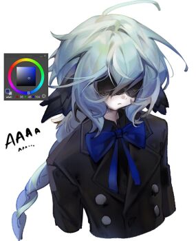 Rule 34 | 1boy, ahoge, art program in frame, black jacket, blue bow, blue bowtie, blue hair, bow, bowtie, closed mouth, cloud (lufaeris), commentary, covered eyes, cropped torso, english commentary, eye mask, highres, jacket, long hair, male focus, mask, original, simple background, solo, unfinished, white background