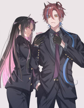 Rule 34 | 2boys, absurdres, adjusting clothes, adjusting necktie, alternate costume, alternate hairstyle, artist name, black gloves, black hair, black jacket, black pants, black suit, blue hair, blue streaks, buttoned cuffs, buttons, cho kaguya-hime!, closed mouth, colored inner hair, commentary, cone horns, cowboy shot, curtained hair, dress pants, dress shirt, ear piercing, expressionless, face piercing, forehead, formal clothes, gloves, grey background, grey horns, grey shirt, grin, hair between eyes, hair down, hand in pocket, hand on another's shoulder, height difference, highres, horns, jacket, komazawa noi, lip piercing, lip ring, long hair, long sleeves, looking at viewer, low side ponytail, male focus, middle part, mikado akira (cho kaguya-hime!), mikan (artist), multicolored hair, multiple boys, multiple piercings, necktie, oni, pants, piercing, pink eyes, pocket, profile, purple necktie, red hair, red horns, shirt, side labret piercing, sideways glance, simple background, small horns, smile, standing, straight-on, streaked hair, suit, suit jacket, trap, two-tone hair, very long hair, yellow eyes