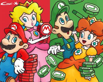 blonde_hair blue_eyes brown_hair crown dress facial_hair gloves hat highres icon_(computing) logo luigi mario mario_(series) mario_kart mario_kart_tour mustache nintendo bad_tag overalls pairing princess_daisy princess_peach shirt smile teamwork