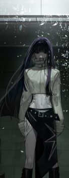 1girl absurdres belt black_belt black_eyes black_hair black_skirt broken_glass commentary cropped_jacket earrings glass hair_ornament hashtag-only_commentary highres indie_utaite jacket jewelry long_hair long_sleeves looking_at_viewer midriff mole mole_under_eye skirt solo utaite vanta_(utaite) white_jacket wz_(woyzeck)
