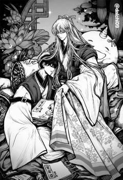 Rule 34 | 2boys, arm belt, biyoo (omniscient reader's viewpoint), book, closed eyes, clothing request, dalchi09, elbow rest, flower, full body, greyscale, hair over shoulder, hair ribbon, high ponytail, holding, holding book, kim dokja, kyrgios rodgraim, leaning to the side, lily pad, long sidelocks, monochrome, multiple boys, omniscient reader's viewpoint, open book, ponytail, ribbon, robe, sidelocks, sitting, teacher and student, water lily flower, wide sleeves