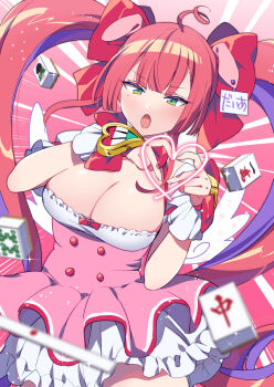Rule 34 | 1girl, ahoge, bow, breasts, cleavage, green eyes, hair bow, heart, highres, large breasts, long hair, looking at viewer, magical girl, mahjong fight girl, meltydrop, mitsumoto dia, open mouth, pink background, pink hair, puffy short sleeves, puffy sleeves, purple hair, red bow, short sleeves, solo, twintails, very long hair