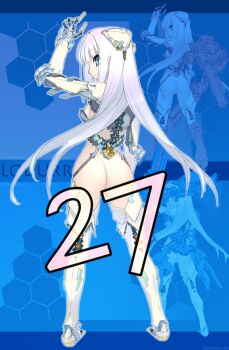 Rule 34 | 1girl, arm up, armor, ass, blunt bangs, bra, breasts, character name, cyborg, from behind, full body, grey bra, grey shrug, hair ornament, highres, long hair, looking at viewer, looking back, mechanical hands, mechanical legs, medium breasts, original, orion (orionproject), shrug (clothing), solo, standing, thighhighs, underwear, very long hair, white hair, white thighhighs, zoom layer