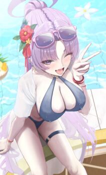 1girl ;d absurdres bikini black_bikini blue_archive bracelet breasts casual_one-piece_swimsuit commentary_request covered_erect_nipples fang feet_out_of_frame fingernails flower hair_flower hair_ornament halo highres jacket jewelry large_breasts long_hair looking_at_viewer o-ring o-ring_bikini o-ring_thigh_strap official_alternate_costume omomochi one-piece_swimsuit one_eye_closed open_mouth ponytail pool purple_eyes purple_hair sitting skin_fang smile solo stomach swimsuit thigh_strap v very_long_hair white_jacket yukari_(blue_archive) yukari_(swimsuit)_(blue_archive)