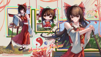 1girl absurdres bare_shoulders bow broom brown_eyes brown_hair character_name chibi commentary_request detached_sleeves hair_bow hakurei_reimu highres hong_douzi long_hair long_skirt long_sleeves looking_at_viewer mary_janes multiple_views red_bow red_shirt red_skirt shirt shoes skirt sleeveless sleeveless_shirt standing touhou wide_sleeves