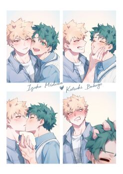 2boys alternate_costume bakugou_katsuki blonde_hair blush boku_no_hero_academia border character_name closed_eyes closed_mouth commentary earrings embarrassed freckles french_kiss green_eyes green_hair heart highres jacket jewelry kiss light_blush lycik_98 male_focus midoriya_izuku multiple_boys necklace open_clothes open_jacket red_eyes scar scar_on_face shirt smile spiked_hair symbol-only_commentary teeth white_border white_shirt yaoi