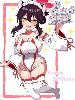 1girl animal_ears black_hair blue_archive blush breasts character_ball chise_(blue_archive) cleavage covered_navel detached_sleeves flower folded_hair frilled_hairband frills hair_flower hair_ornament hair_up hairband halo happy_birthday highres huge_breasts japanese_clothes kaede_(blue_archive) kaede_(swimsuit)_(blue_archive) maid_headdress miko one-piece_swimsuit open_mouth pink_hairband sidelocks solo sparkle standing swallow_leftyp swimsuit thighhighs white_background white_one-piece_swimsuit white_sleeves white_thighhighs wide_hips yellow_eyes