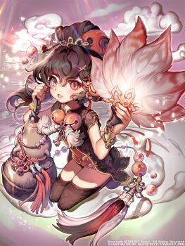 1girl bell black_hair blush caesty chinese_clothes copyright_request female_focus fishnet_thighhighs fishnets flat_chest gourd hair_between_eyes hair_ornament hand_fan high_ponytail legs_together long_hair ponytail purple_eyes smile smoke solo thighhighs